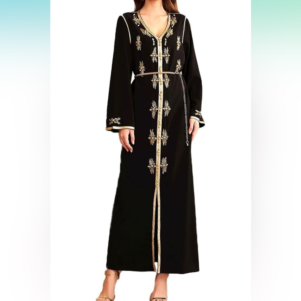 Moroccan Lush Black Dress with Gold Embroidery
